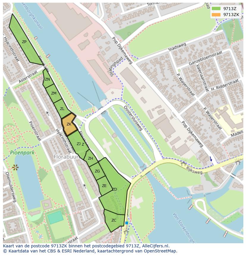 Afbeelding van het postcodegebied 9713 ZK op de kaart.