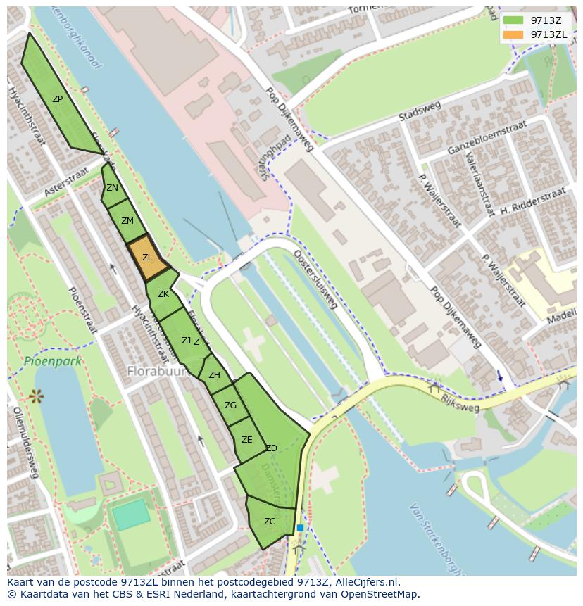 Afbeelding van het postcodegebied 9713 ZL op de kaart.