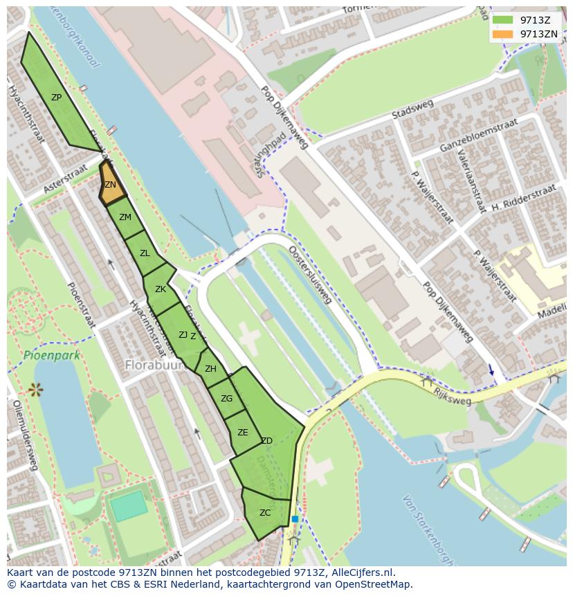 Afbeelding van het postcodegebied 9713 ZN op de kaart.