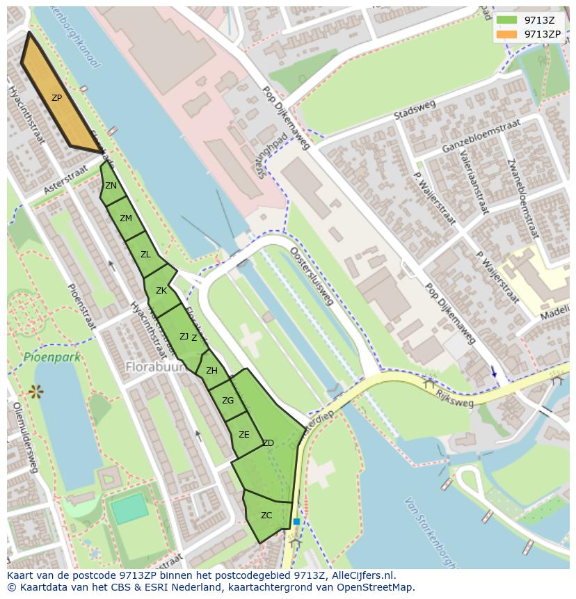 Afbeelding van het postcodegebied 9713 ZP op de kaart.