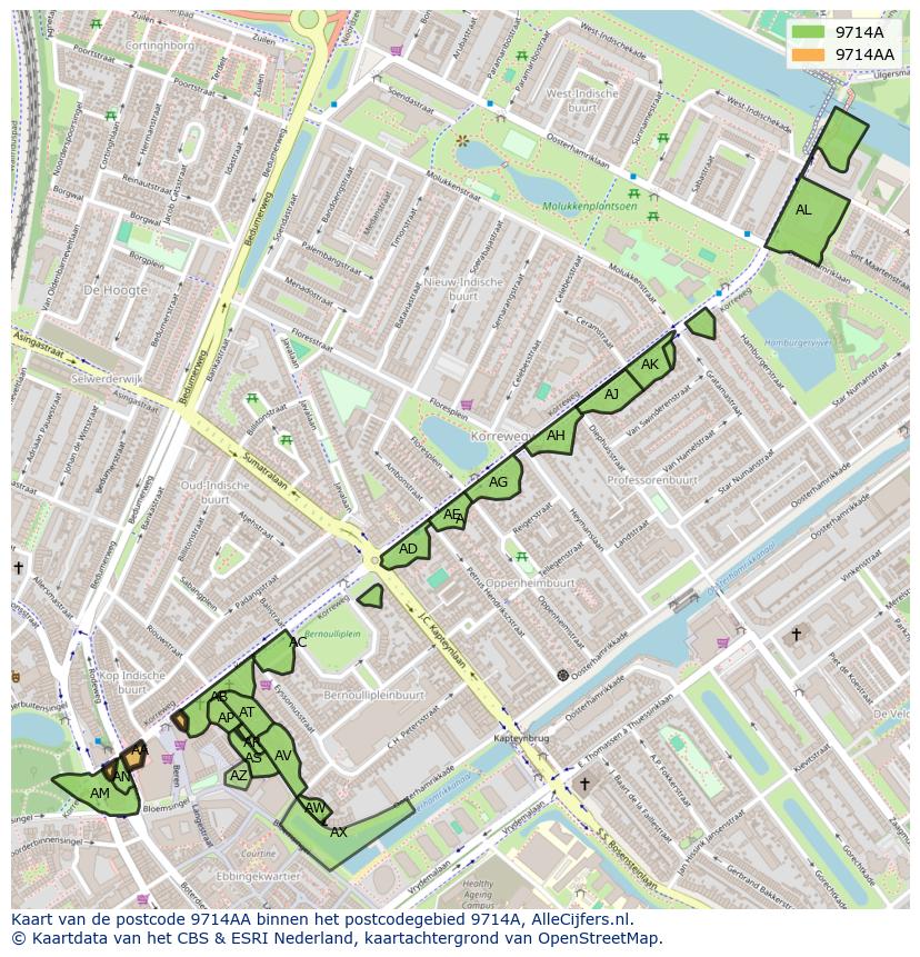 Afbeelding van het postcodegebied 9714 AA op de kaart.