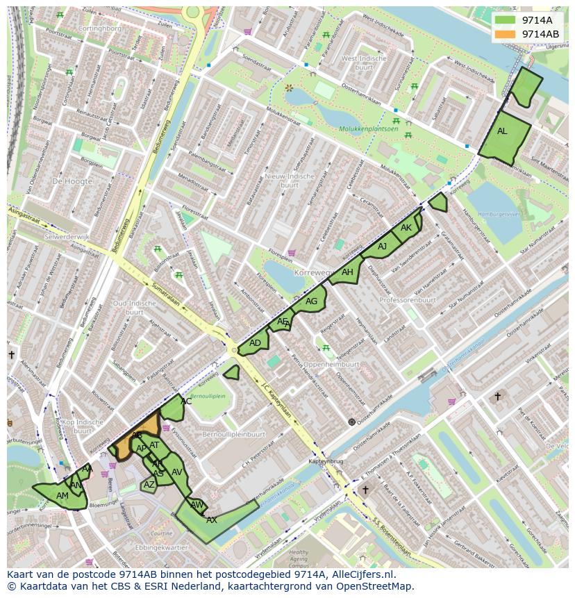 Afbeelding van het postcodegebied 9714 AB op de kaart.