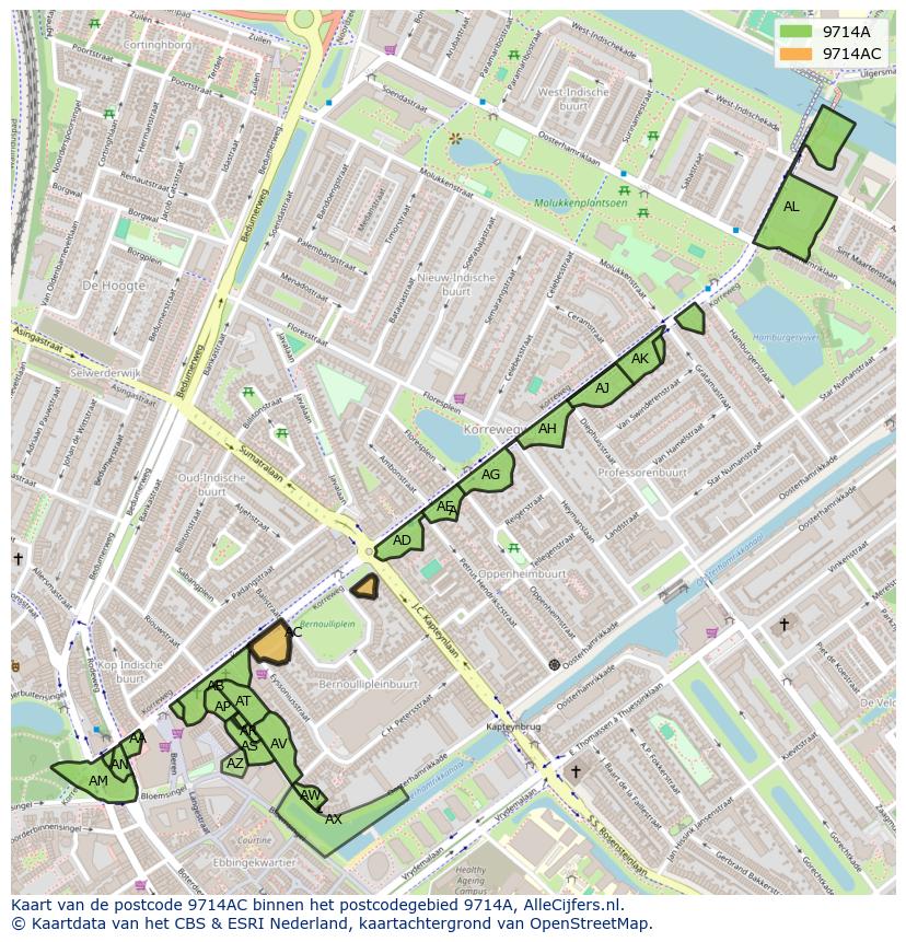 Afbeelding van het postcodegebied 9714 AC op de kaart.
