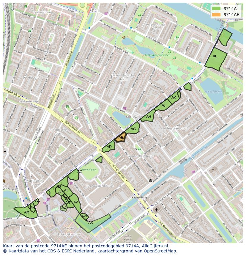 Afbeelding van het postcodegebied 9714 AE op de kaart.