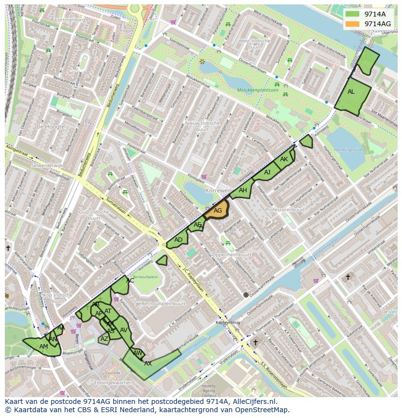 Afbeelding van het postcodegebied 9714 AG op de kaart.