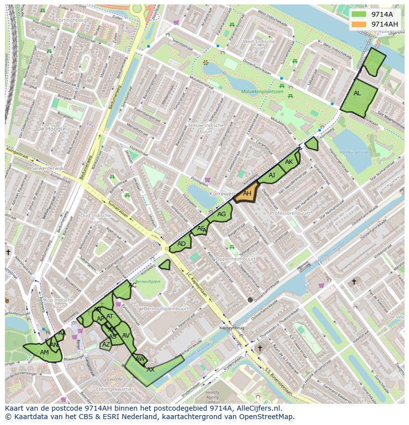 Afbeelding van het postcodegebied 9714 AH op de kaart.