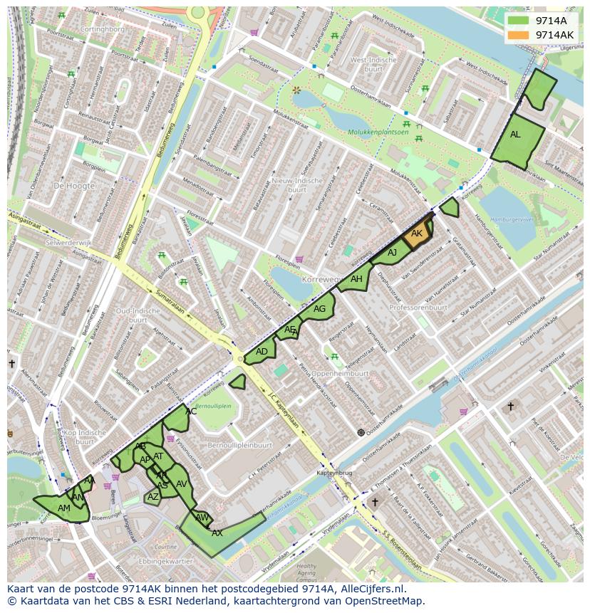 Afbeelding van het postcodegebied 9714 AK op de kaart.