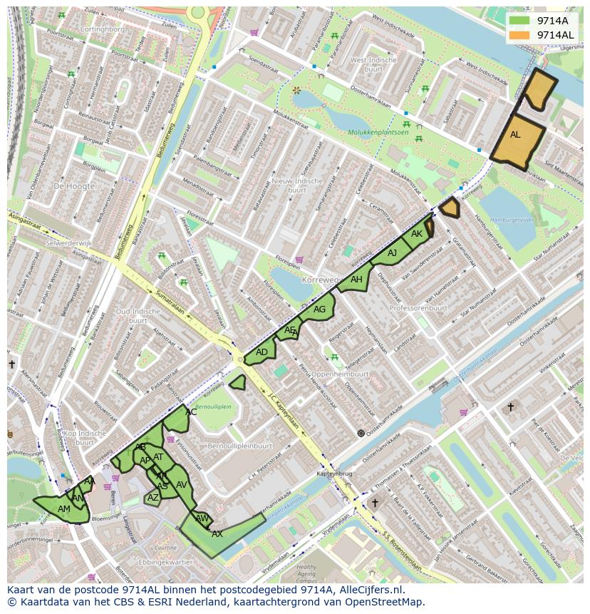 Afbeelding van het postcodegebied 9714 AL op de kaart.