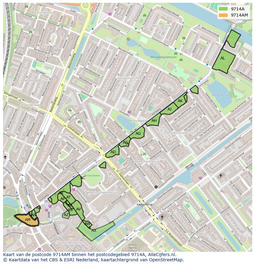 Afbeelding van het postcodegebied 9714 AM op de kaart.