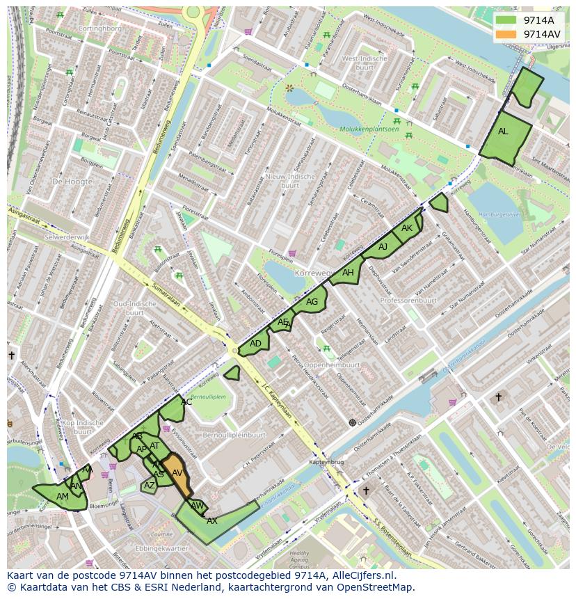 Afbeelding van het postcodegebied 9714 AV op de kaart.