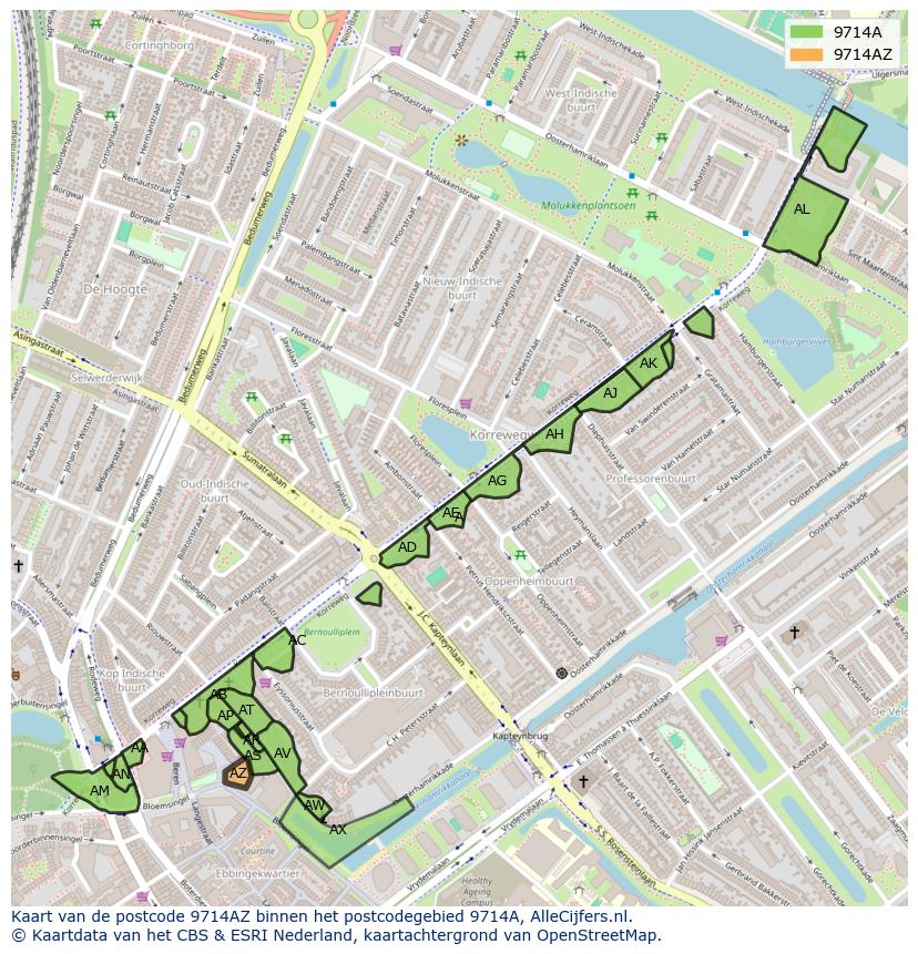Afbeelding van het postcodegebied 9714 AZ op de kaart.