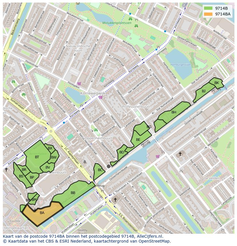 Afbeelding van het postcodegebied 9714 BA op de kaart.