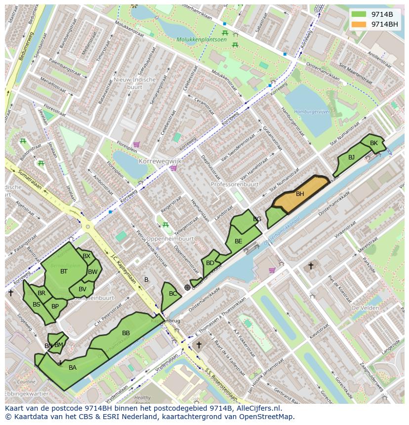 Afbeelding van het postcodegebied 9714 BH op de kaart.