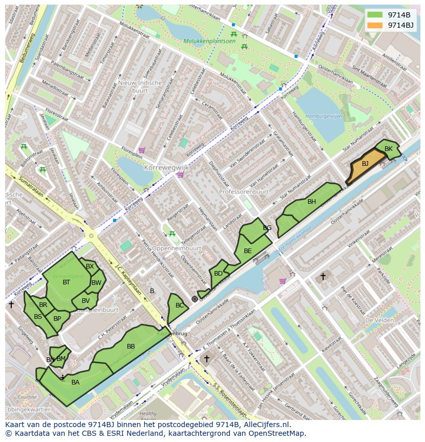 Afbeelding van het postcodegebied 9714 BJ op de kaart.