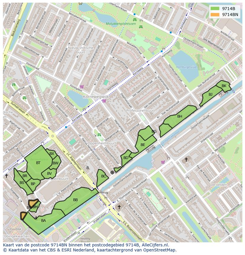 Afbeelding van het postcodegebied 9714 BN op de kaart.