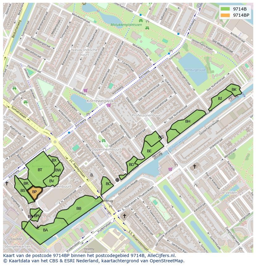 Afbeelding van het postcodegebied 9714 BP op de kaart.