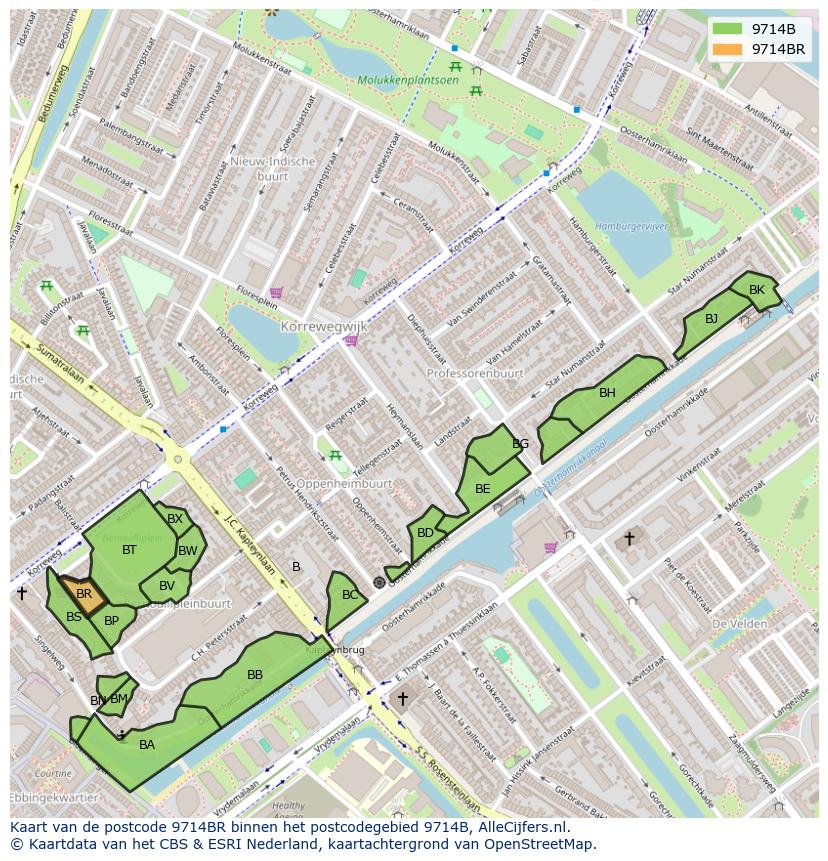 Afbeelding van het postcodegebied 9714 BR op de kaart.