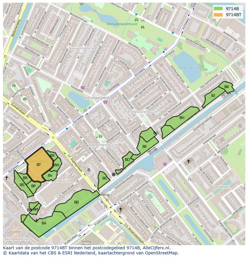 Afbeelding van het postcodegebied 9714 BT op de kaart.