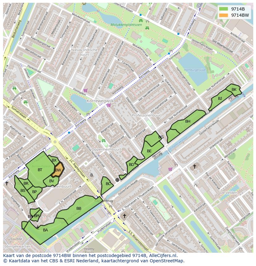 Afbeelding van het postcodegebied 9714 BW op de kaart.