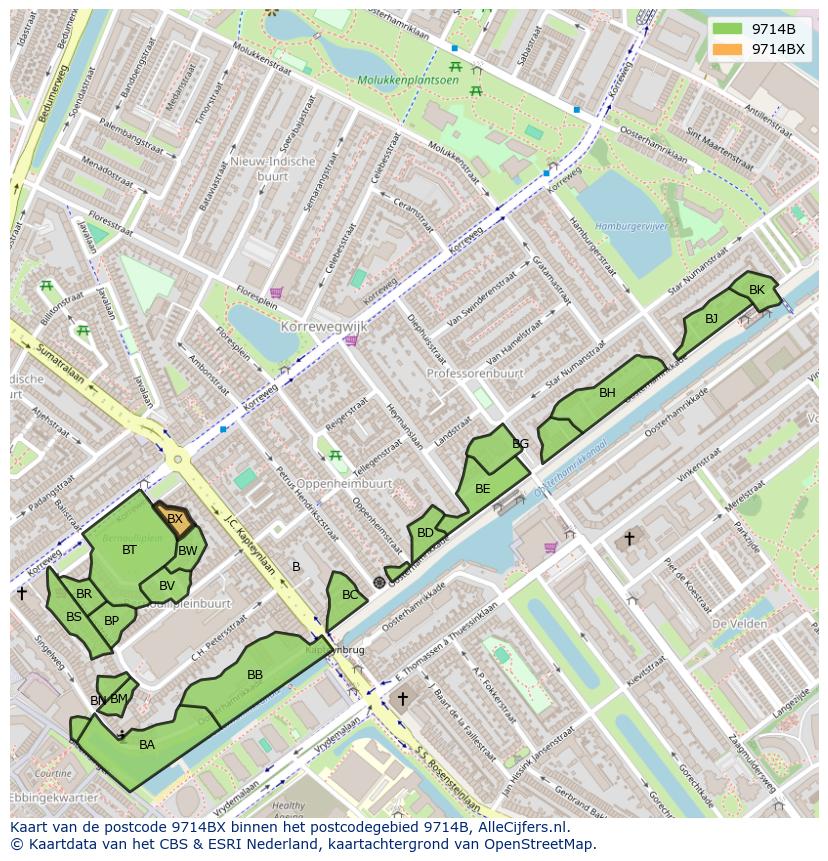 Afbeelding van het postcodegebied 9714 BX op de kaart.