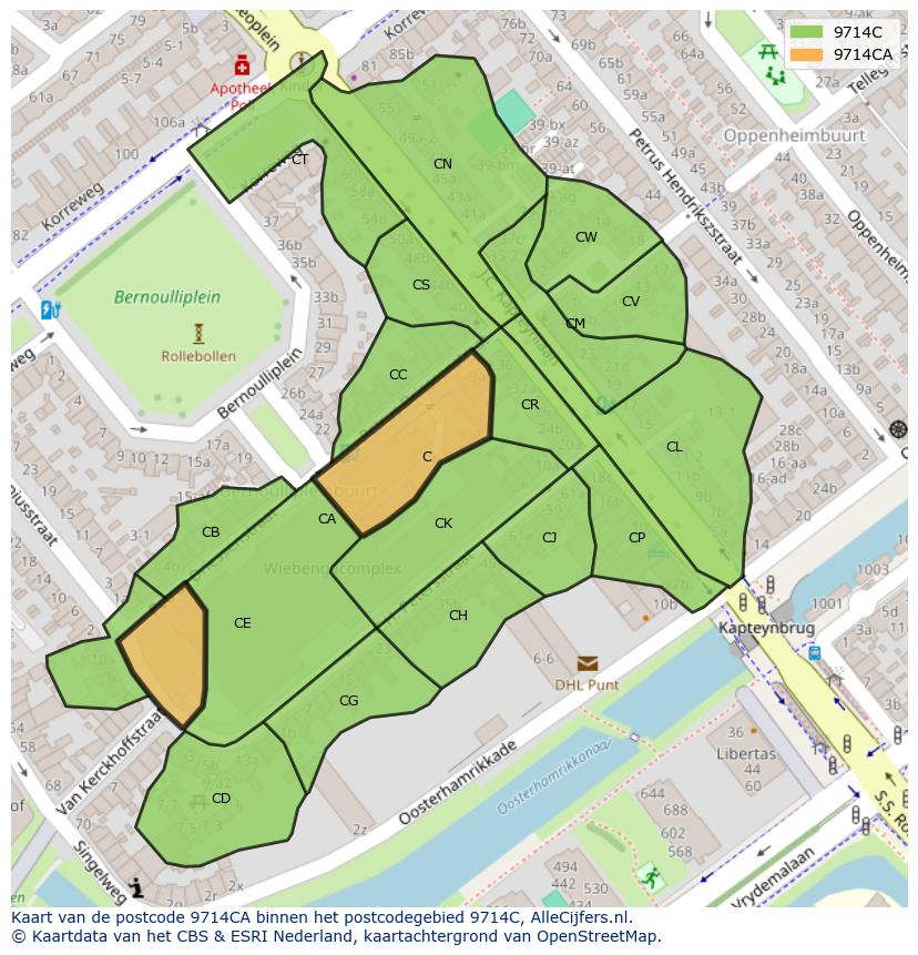 Afbeelding van het postcodegebied 9714 CA op de kaart.