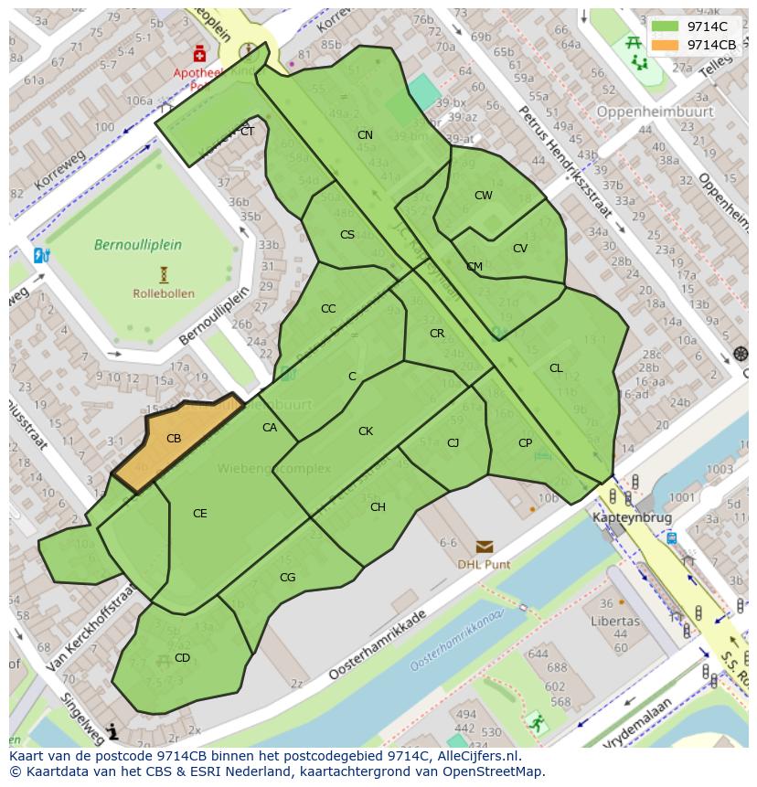 Afbeelding van het postcodegebied 9714 CB op de kaart.