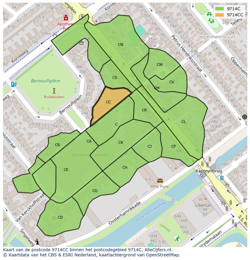 Afbeelding van het postcodegebied 9714 CC op de kaart.