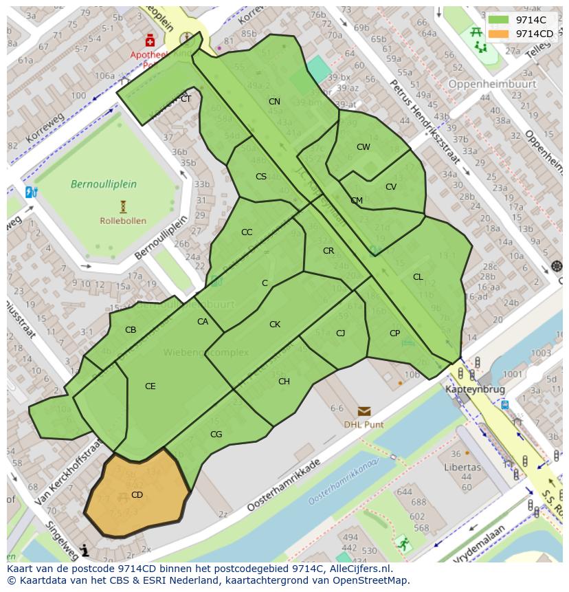 Afbeelding van het postcodegebied 9714 CD op de kaart.