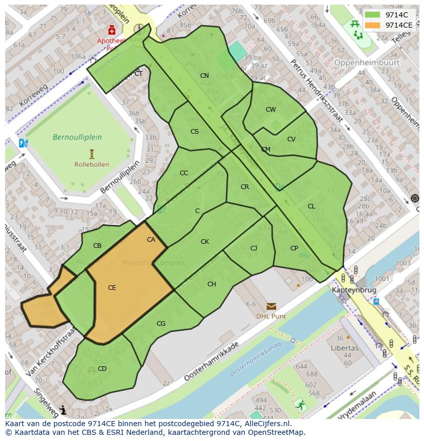 Afbeelding van het postcodegebied 9714 CE op de kaart.