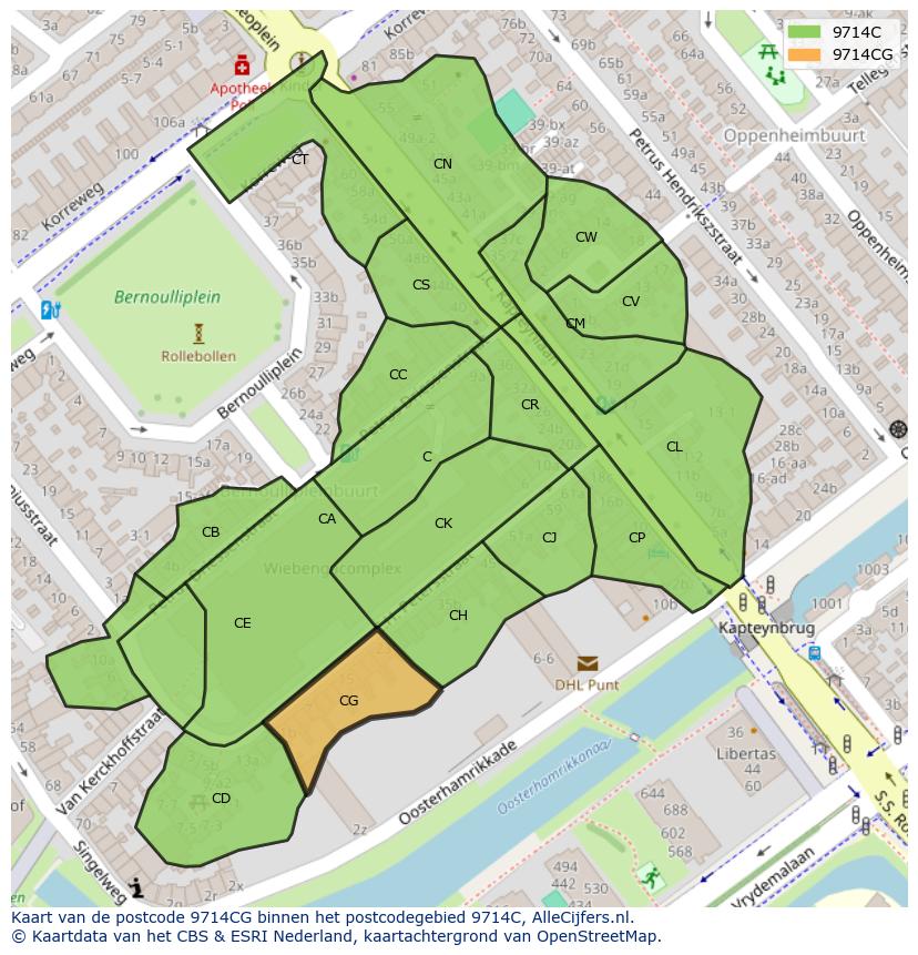 Afbeelding van het postcodegebied 9714 CG op de kaart.