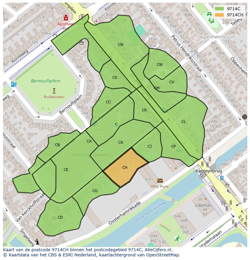 Afbeelding van het postcodegebied 9714 CH op de kaart.