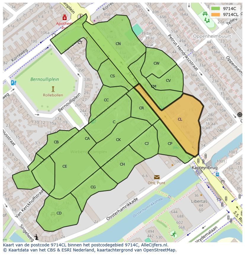 Afbeelding van het postcodegebied 9714 CL op de kaart.