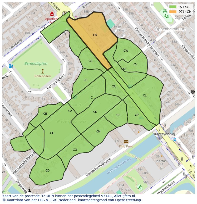 Afbeelding van het postcodegebied 9714 CN op de kaart.