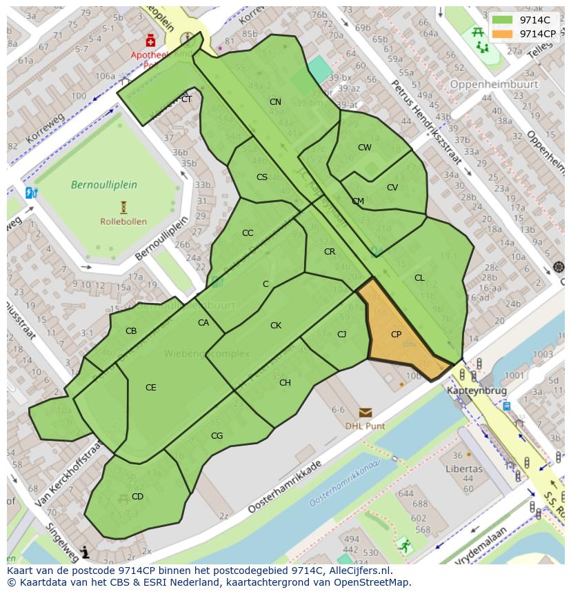 Afbeelding van het postcodegebied 9714 CP op de kaart.