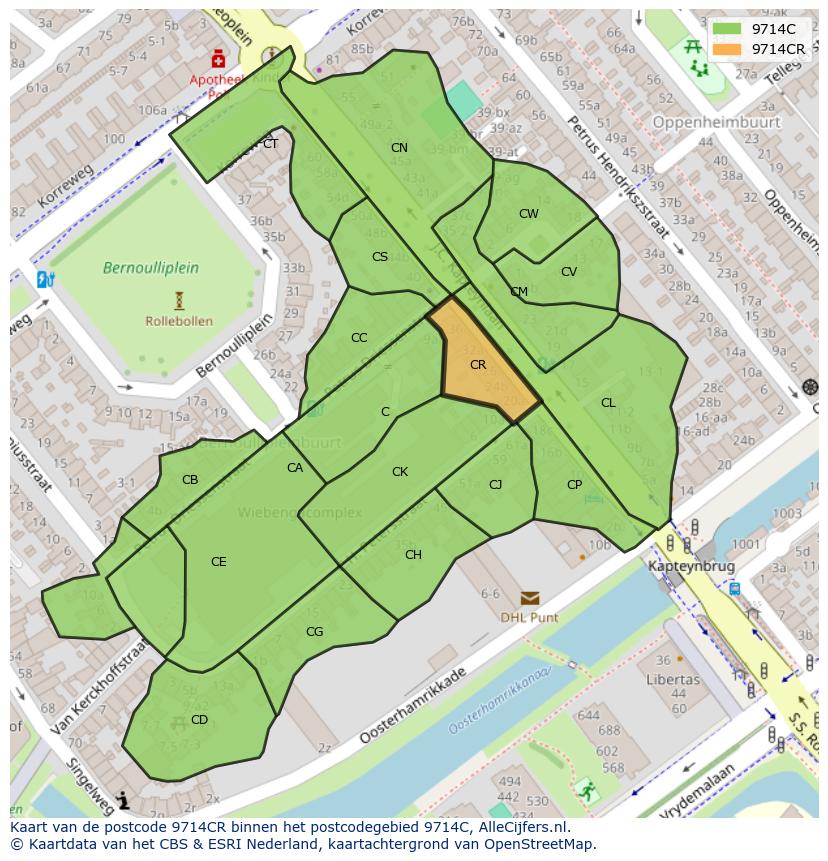 Afbeelding van het postcodegebied 9714 CR op de kaart.