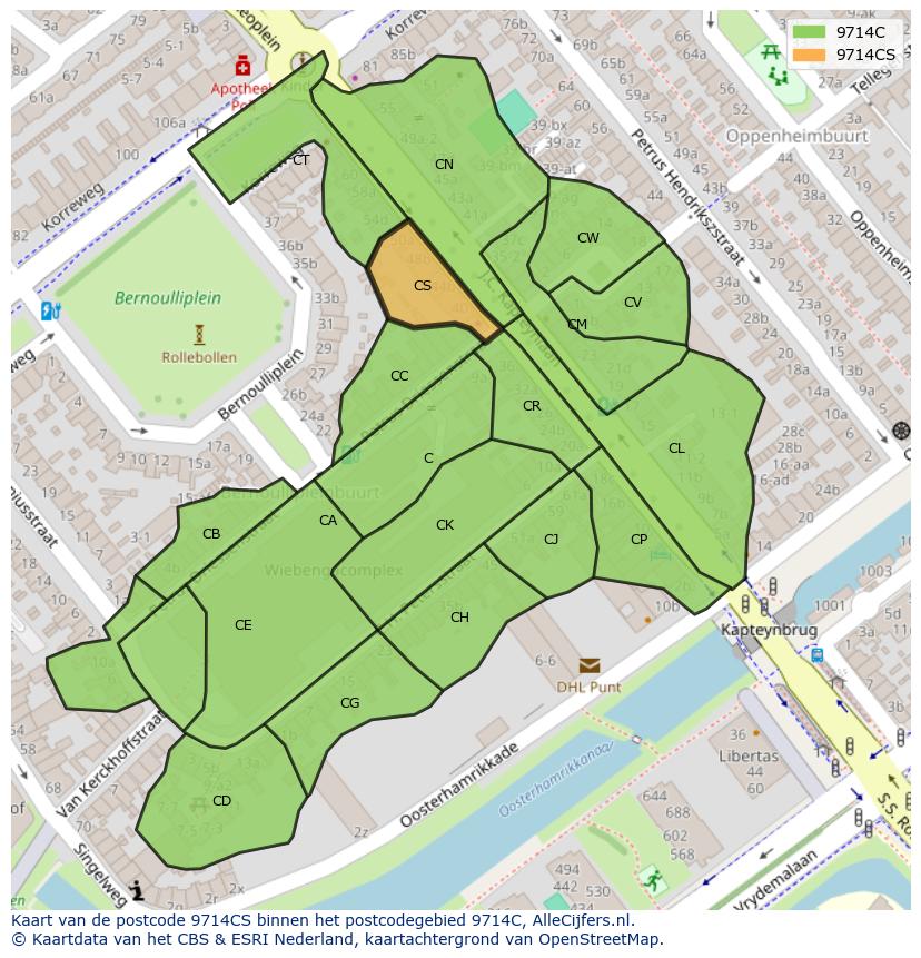 Afbeelding van het postcodegebied 9714 CS op de kaart.