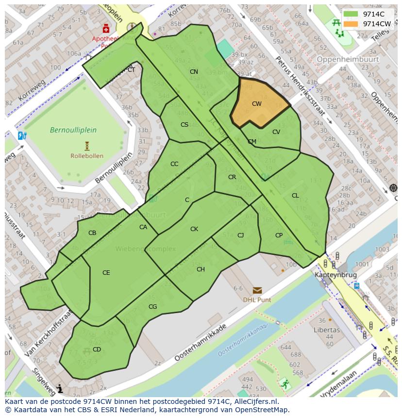 Afbeelding van het postcodegebied 9714 CW op de kaart.
