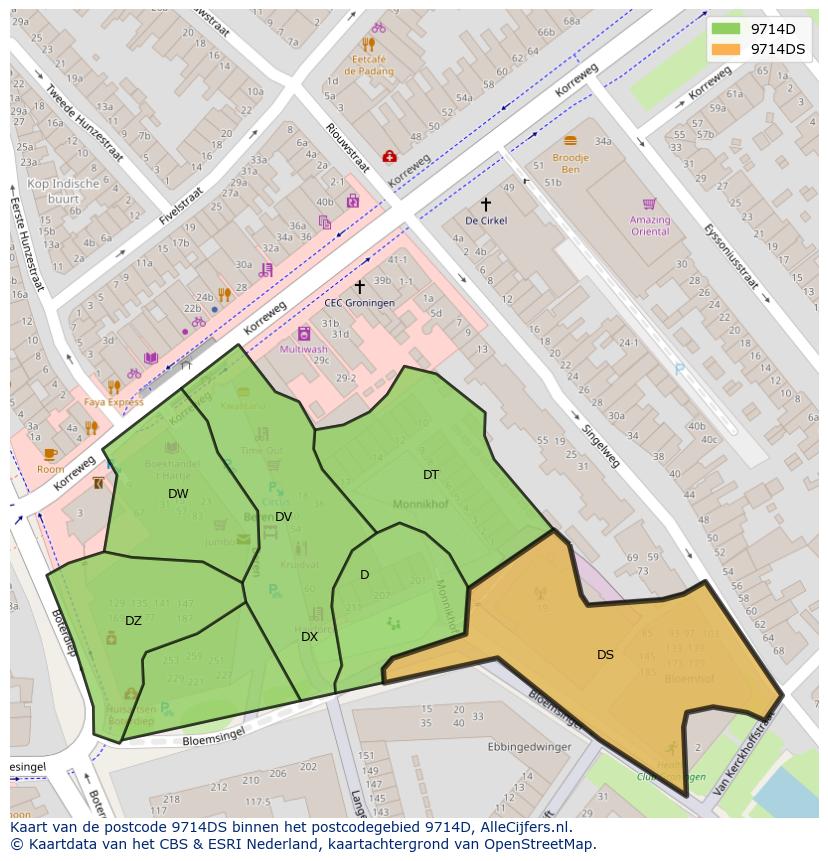 Afbeelding van het postcodegebied 9714 DS op de kaart.