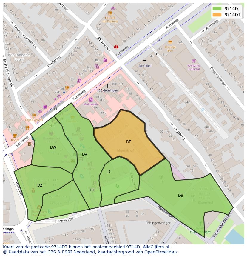 Afbeelding van het postcodegebied 9714 DT op de kaart.