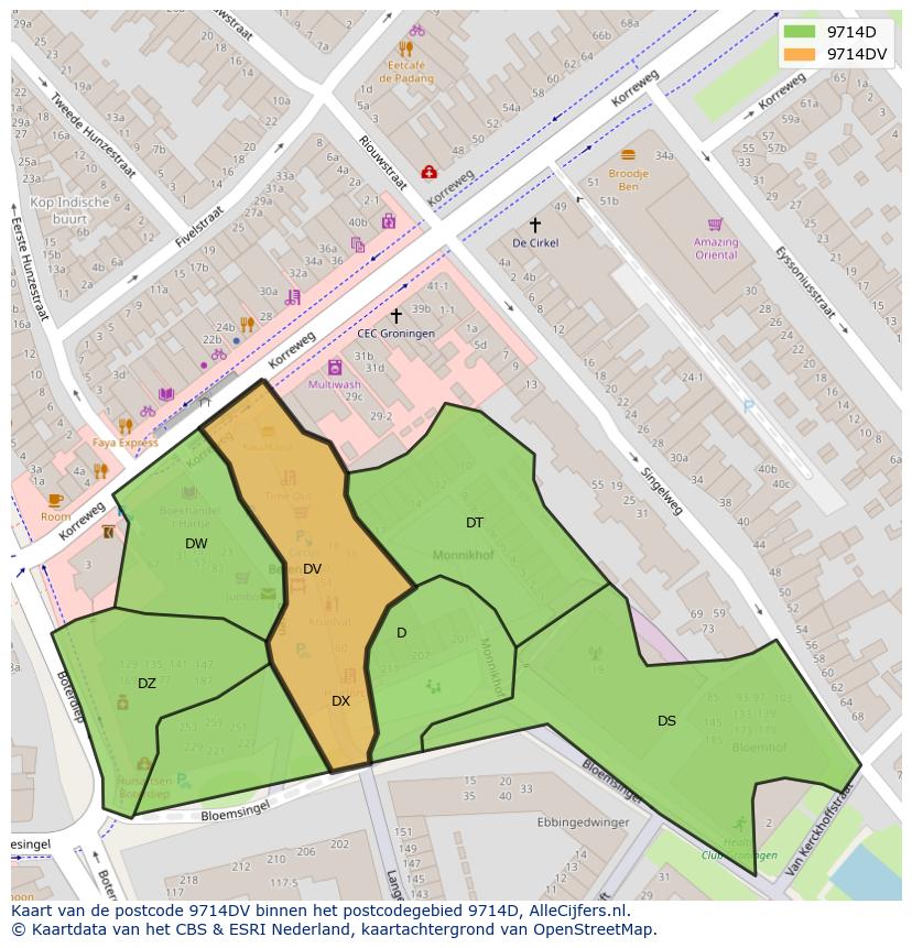 Afbeelding van het postcodegebied 9714 DV op de kaart.
