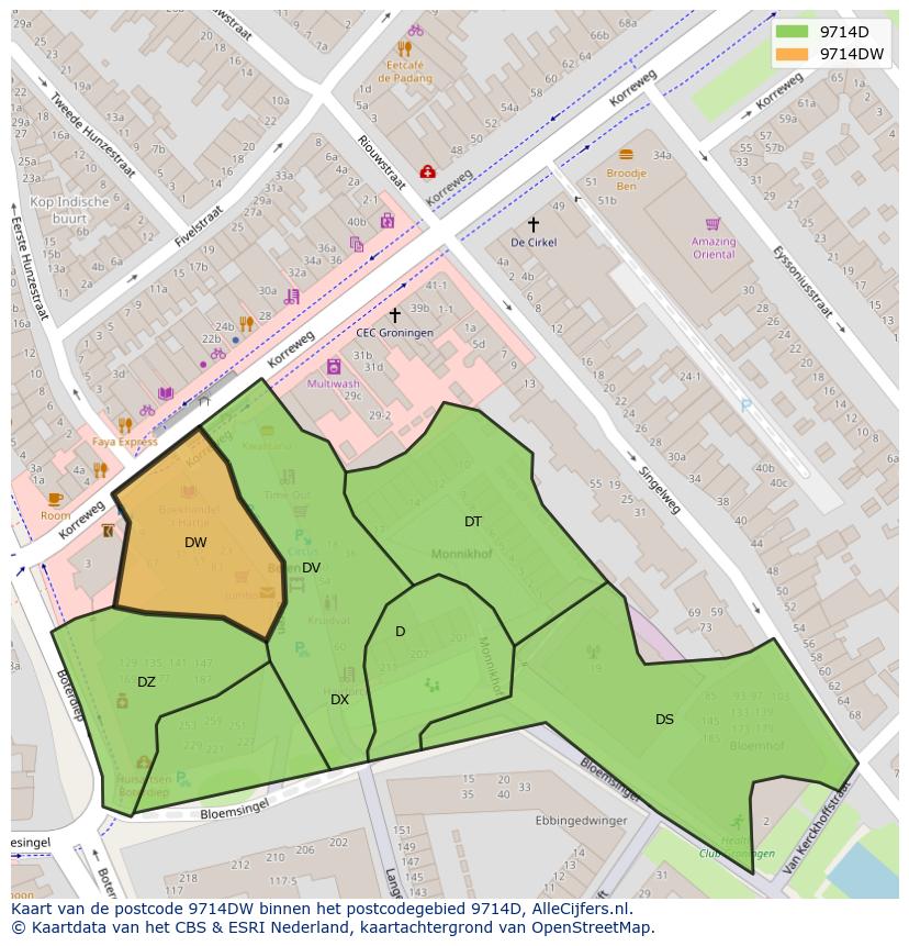 Afbeelding van het postcodegebied 9714 DW op de kaart.