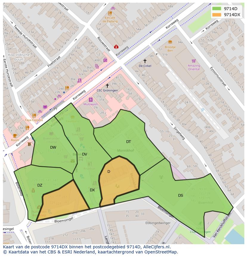 Afbeelding van het postcodegebied 9714 DX op de kaart.