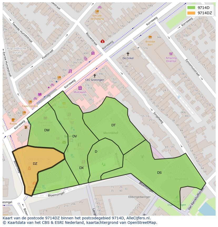 Afbeelding van het postcodegebied 9714 DZ op de kaart.
