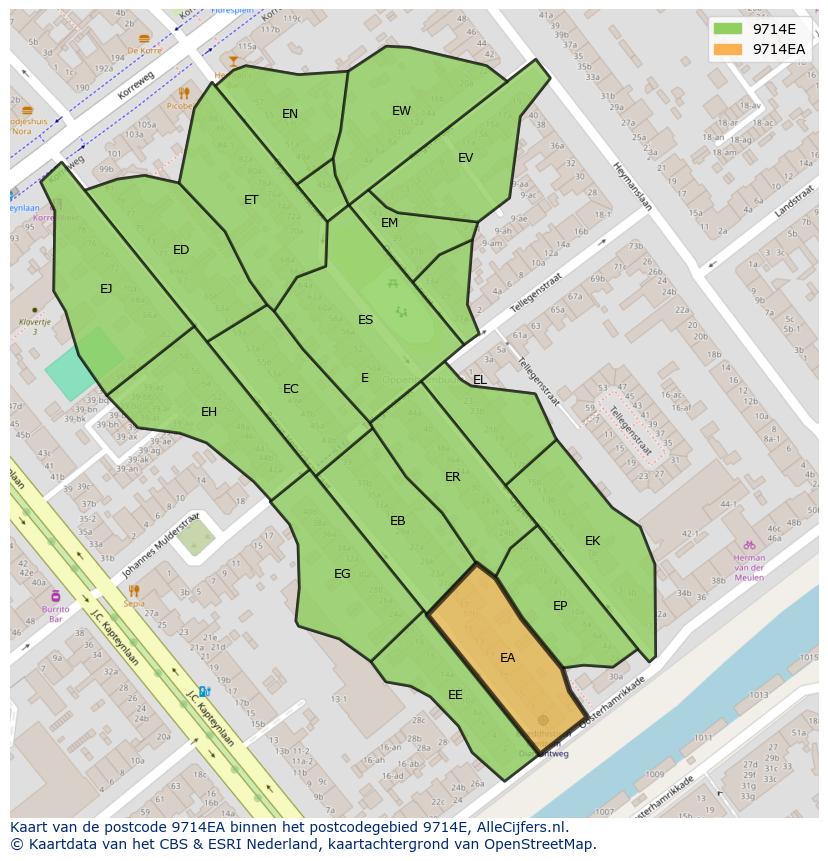 Afbeelding van het postcodegebied 9714 EA op de kaart.