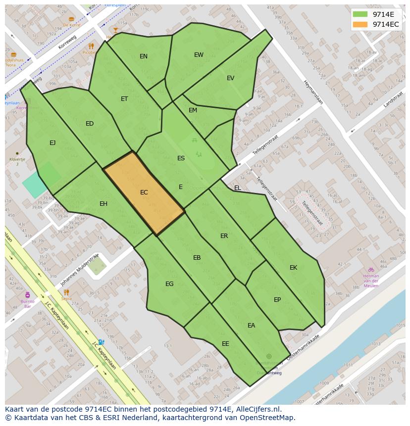 Afbeelding van het postcodegebied 9714 EC op de kaart.