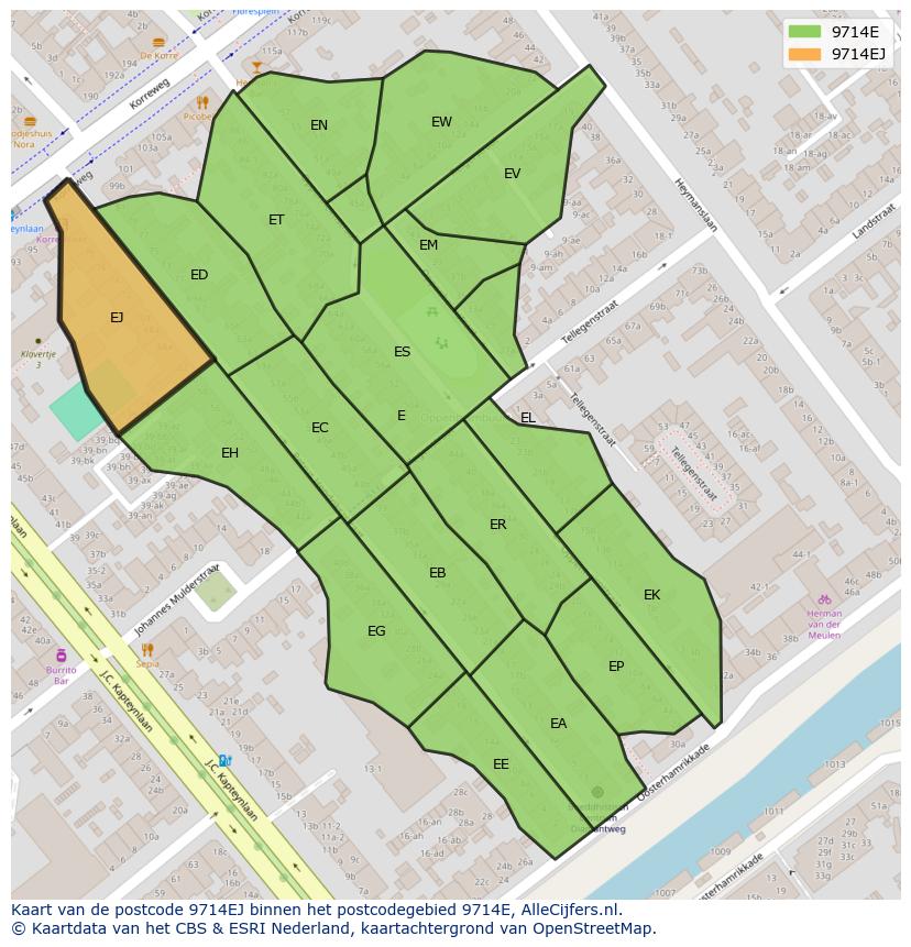 Afbeelding van het postcodegebied 9714 EJ op de kaart.