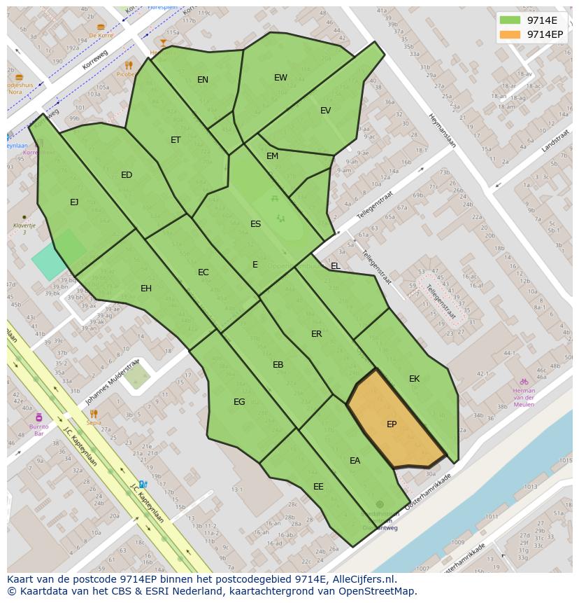Afbeelding van het postcodegebied 9714 EP op de kaart.