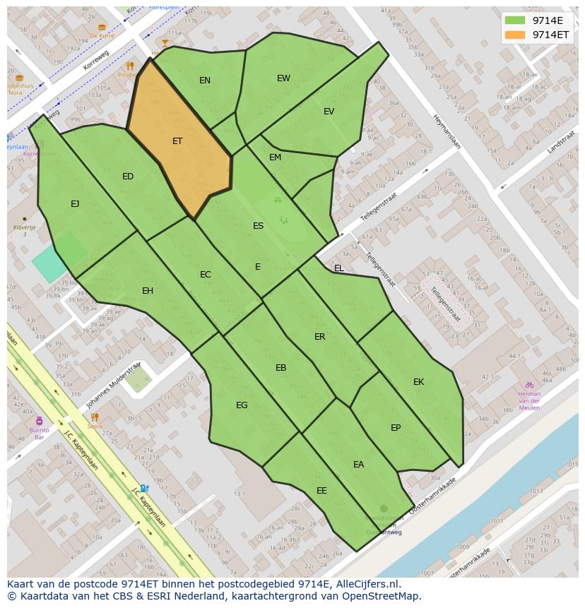 Afbeelding van het postcodegebied 9714 ET op de kaart.