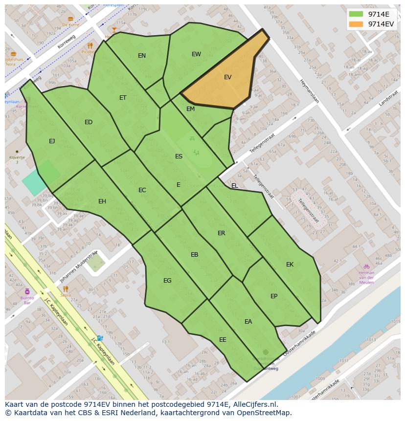 Afbeelding van het postcodegebied 9714 EV op de kaart.