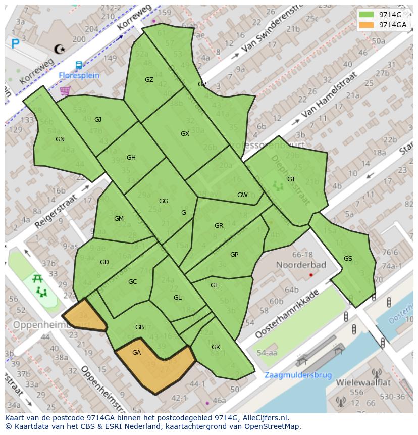 Afbeelding van het postcodegebied 9714 GA op de kaart.